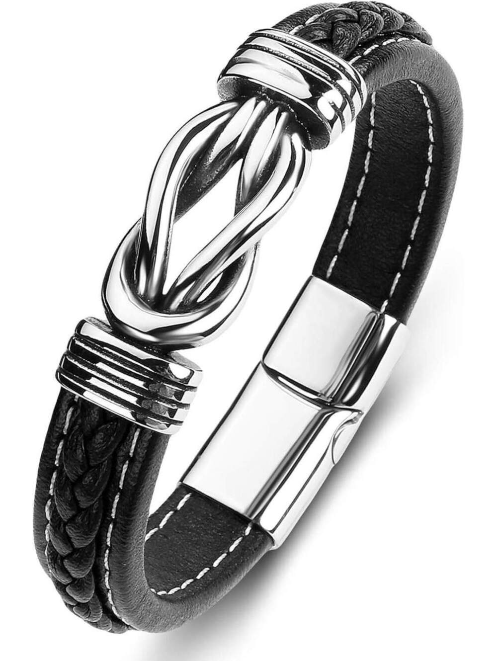 JWVX Mens Braided Black Leather Bracelet 8.5" Wristband Jewelry, Men's jewelry